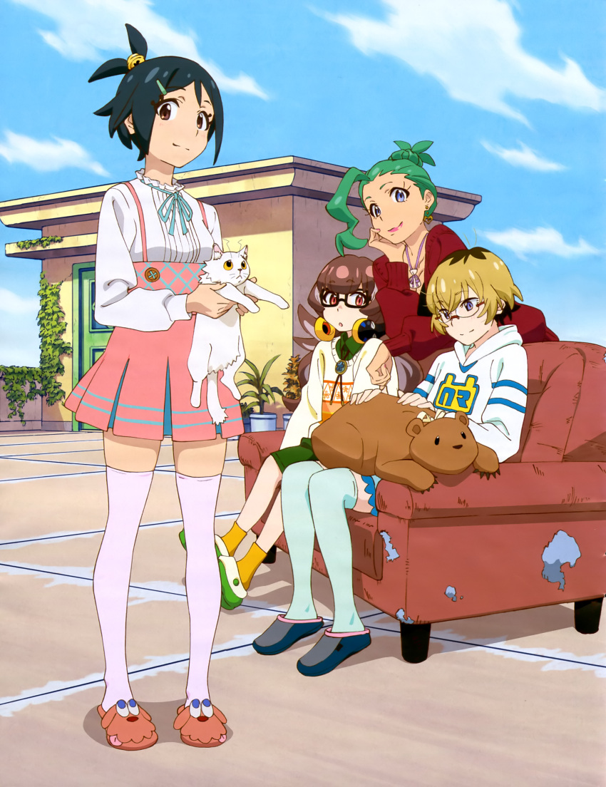 4girls, absurdres, bear, bell, black-framed_glasses, black_eyes, black_hair, blonde_hair