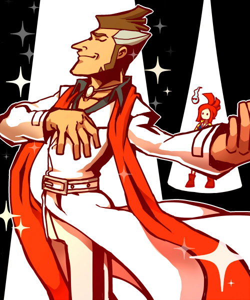 1boy, 1girl, brown_hair, closed_eyes, ghost_trick, grey_hair, jewelry, kabanera, lynne, multicolored_hair, necklace, outstretched_arm, red_scarf, scarf, sissel, sparkle, two-tone_hair, white_clothes