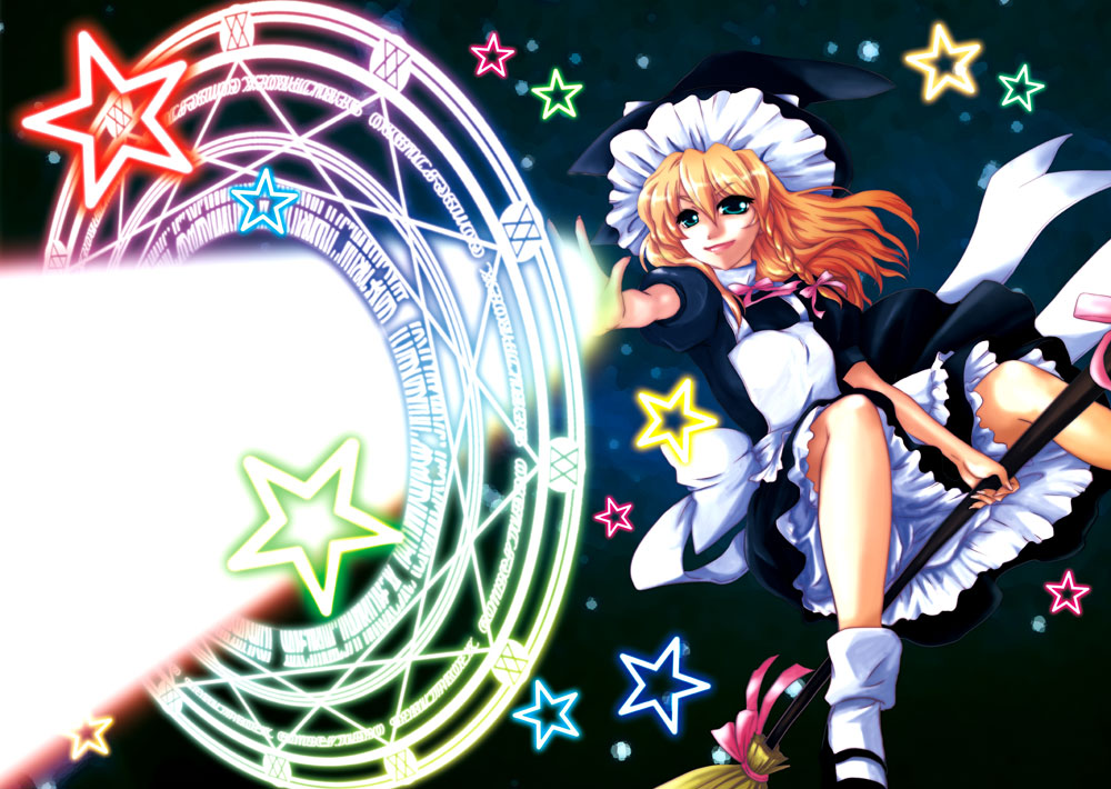 blonde_hair, blue_eyes, braid, broom, hat, kirisame_marisa, magic_circle, master_spark