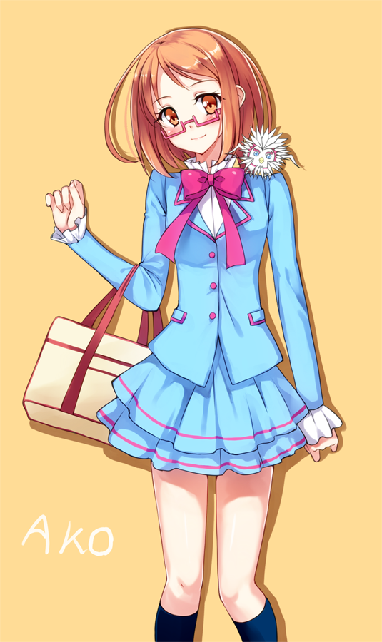 1girl, bag, blue_skirt, bowtie, character_name, glasses, looking_at_viewer, noise_(suite_precure)