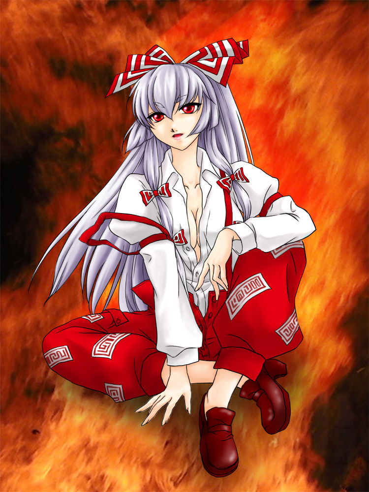 breasts, cleavage, dress_shirt, fujiwara_no_mokou, hair_ribbon, long_hair, murasaki-san, open_clothes