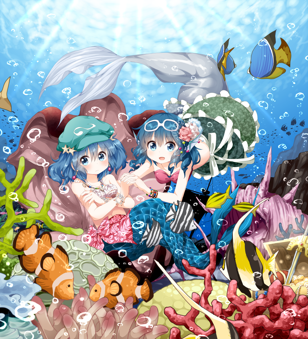 2girls, adapted_costume, alternate_costume, bikini, bikini_top, blue_eyes, blue_hair, blush