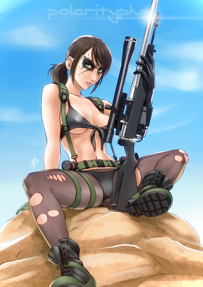 1girl, bikini, black_bikini, black_gloves, boots, breasts, brown_hair, combat_boots