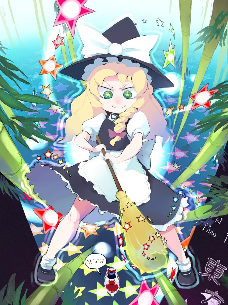 11_(?-pon3rd), \(^o^)/, bamboo, bamboo_forest, blonde_hair, braid, broom, danmaku