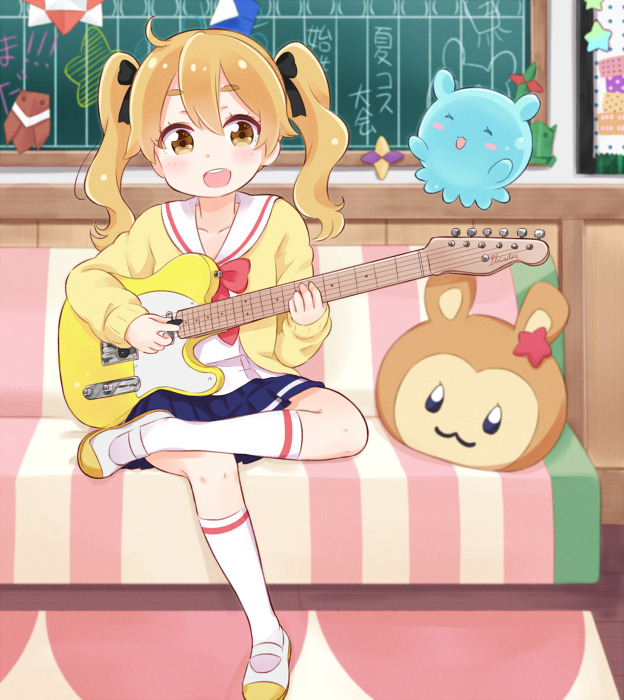 1girl, :d, ahoge, bow, brown_eyes, brown_hair, chalkboard, check_(check_book), commentary_request, couch, creature, crossed_legs, cushion, electric_guitar, guitar, hair_bow, hikaru_(houkago_no_pleiades), houkago_no_pleiades, instrument, open_mouth, origami, playing_instrument, plectrum, pleiadean, sailor_collar, school_uniform, shoes, sitting, skirt, smile, twintails, white_legwear