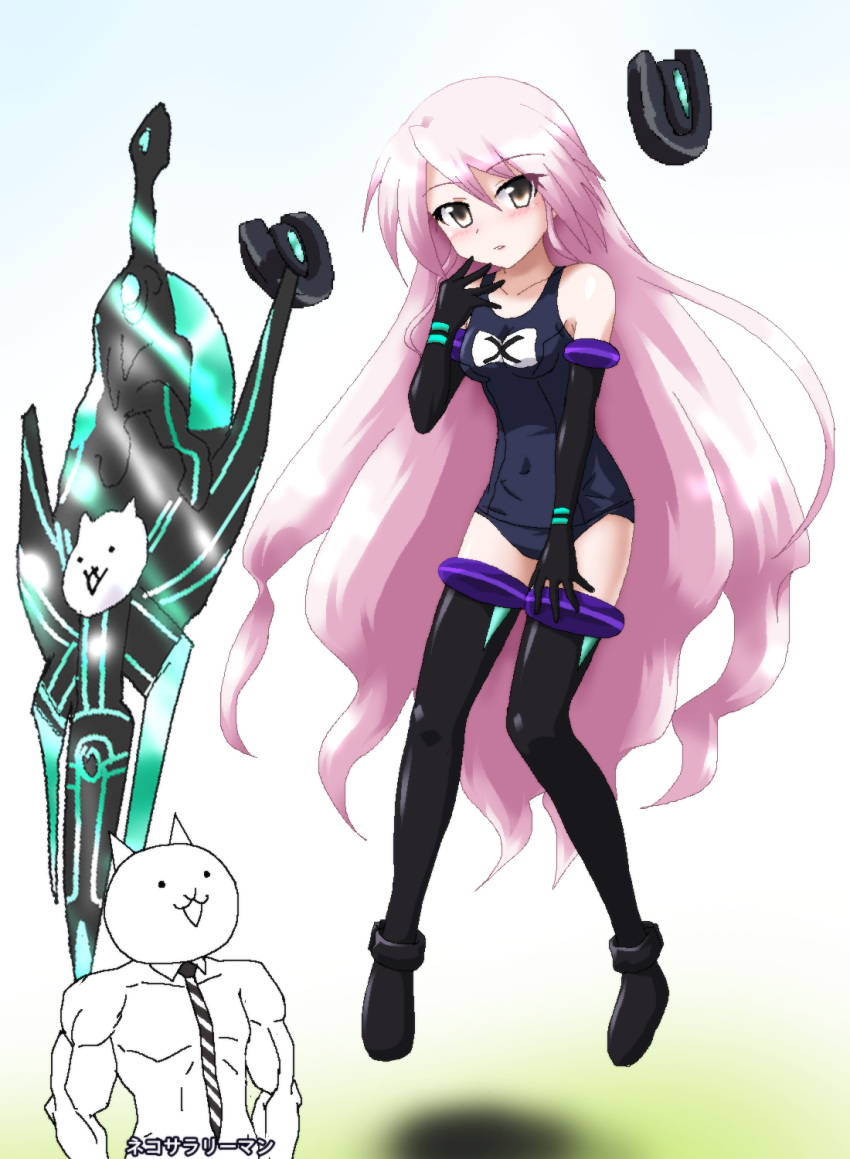 1girl, bare_shoulders, brown_eyes, cat_(battle_cats), elbow_gloves, gloves, hair_down, hayashiya_zankurou, highres, long_hair, meikai_no_karifa, muscle, necktie, nyanko_daisensou, parted_lips, pink_hair, salaryman_cat, swimsuit, sword, thigh-highs, weapon, zettai_ryouiki
