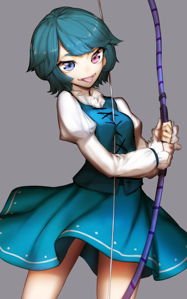 1girl, bow_(weapon), heterochromia, juliet_sleeves, long_sleeves, looking_at_viewer, puffy_sleeves, shirt, skirt, smile, solo, tatara_kogasa, thupoppo, tongue, tongue_out, touhou, vest, weapon