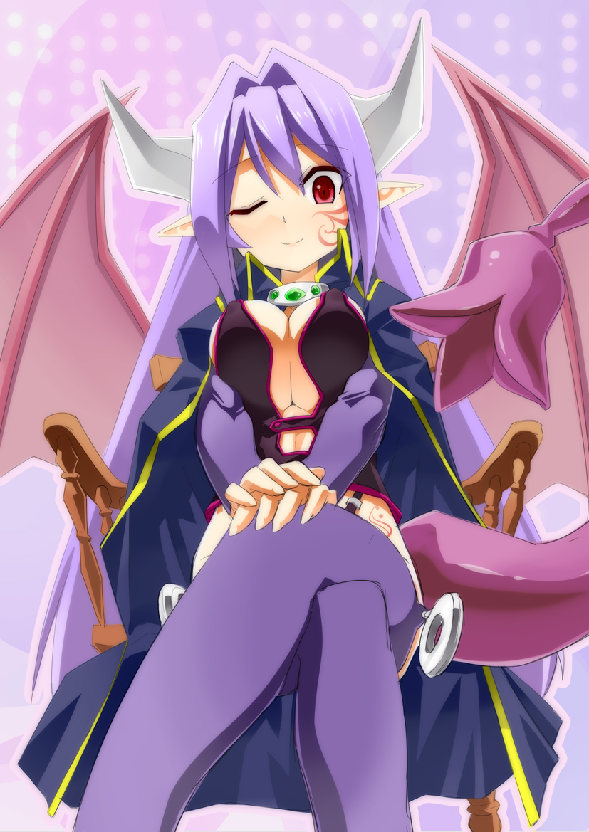1girl, alma_elma, bangs, breasts, cape, chair, cleavage, crossed_legs