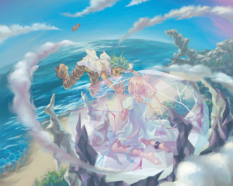 1boy, 1girl, anklet, barefoot, beach, braid, cliff, crystal