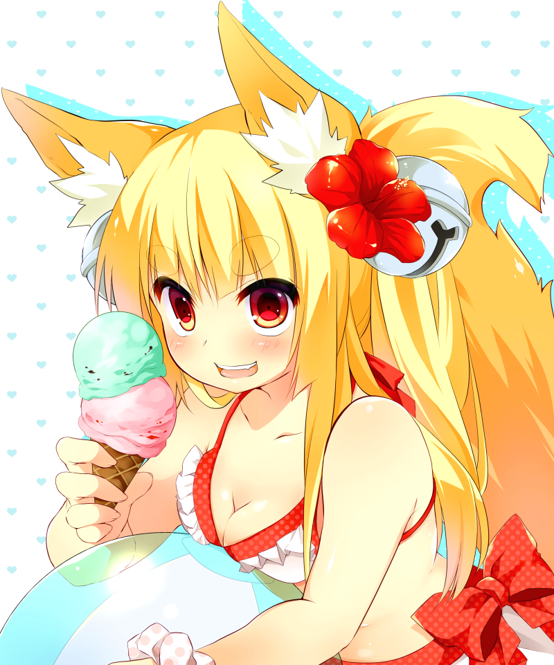 1girl, animal_ears, ball, beachball, bell, bikini, blonde_hair, blush