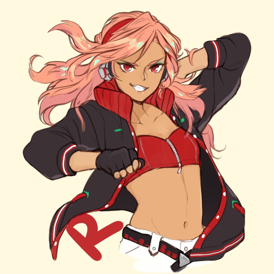 1girl, belt, black_gloves, brella, clenched_hand, crop_top, eyeshadow, fingerless_gloves