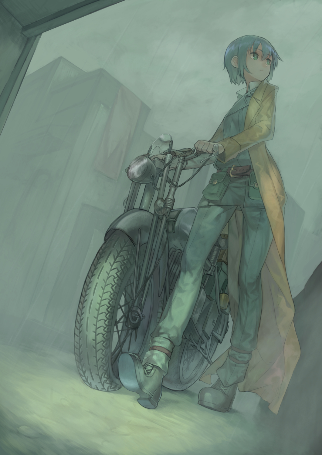 1girl, androgynous, belt, coat, from_below, green_eyes, hermes, highres, kino, kino_no_tabi, looking_away, motor_vehicle, motorcycle, pouch, shiakoto, shoes, solo, vehicle