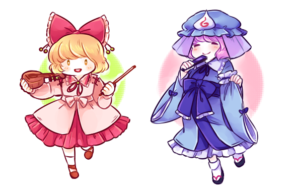 2girls, :d, blonde_hair, bow, fan, folding_fan, frilled_kimono, frills