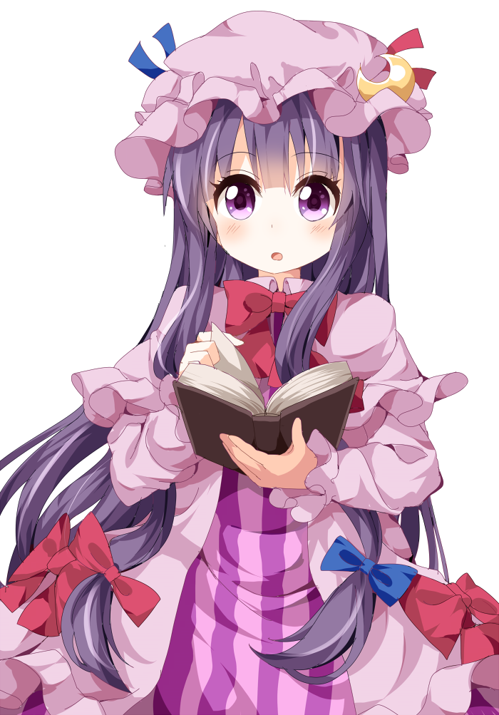 1girl, book, capelet, coat, crescent, dress, hair_ribbon, long_hair
