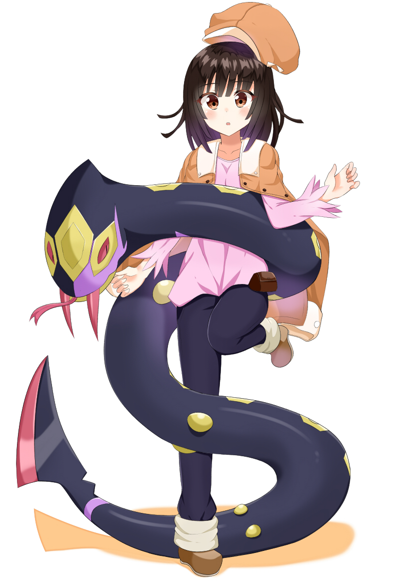 1girl, bakemonogatari, brown_eyes, brown_hair, cabbie_hat, crossover, hat, jacket_on_shoulders, monogatari_(series), pokemon, pokemon_(creature), sengoku_nadeko, seviper, short_hair, snake, yamae_saki