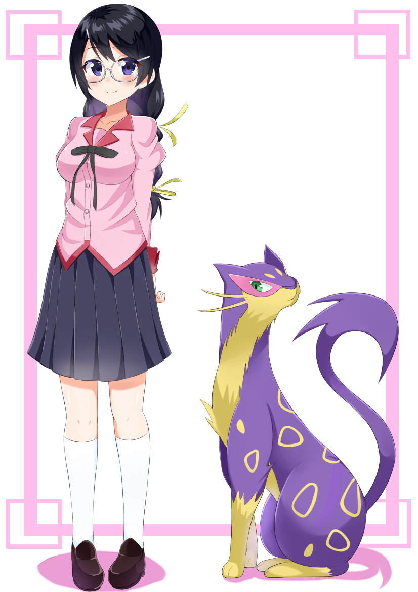 1girl, bakemonogatari, black_hair, braid, cat, crossover, glasses, hanekawa_tsubasa, liepard, long_hair, monogatari_(series), necktie, pokemon, pokemon_(creature), school_uniform, standing, twin_braids, violet_eyes, yamae_saki