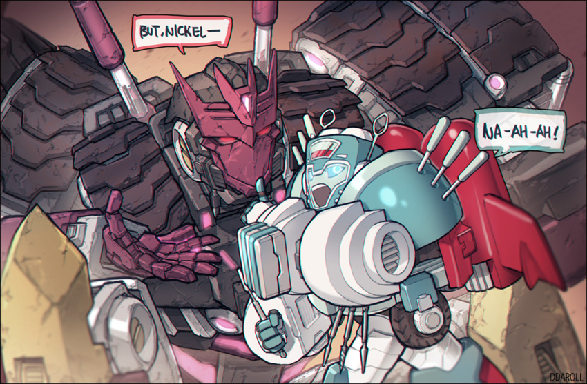 1boy, 1girl, ddaroll, decepticon, height_difference, mecha, nickel, no_humans