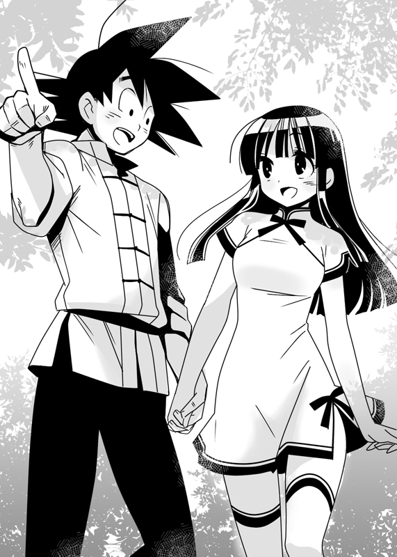 1boy, 1girl, bangs, chichi, chinese_clothes, dragon_ball, dragon_ball_z, holding_hands, husband_and_wife, leaf, miwa_(m-iwamiwa2014), monochrome, plant, pointing, smile, son_gokuu, thigh-highs