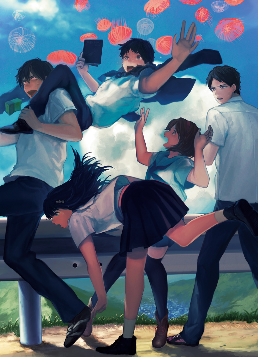 2girls, 3boys, absurdres, black_hair, black_legwear, blue_eyes, book, brown_hair