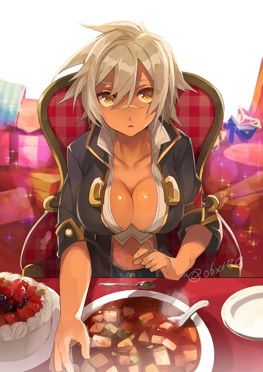 blazblue, blazblue:_chronophantasma, breasts, bullet_(blazblue), cake, cleavage, collarbone, dark_skin, food, hyakuhachi_(over3), navel, scar, silver_hair, yellow_eyes