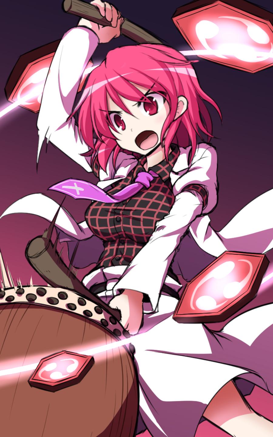 1girl, drum, drumming, drumsticks, highres, horikawa_raiko, instrument, jacket