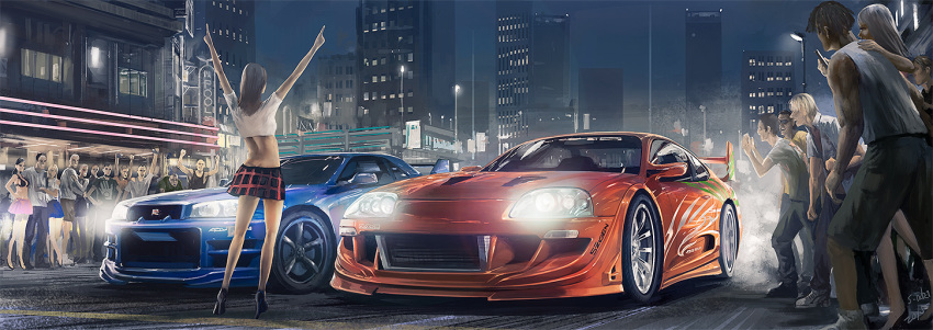 5girls, 6+boys, arms_up, building, car, city, high_heels, lamppost