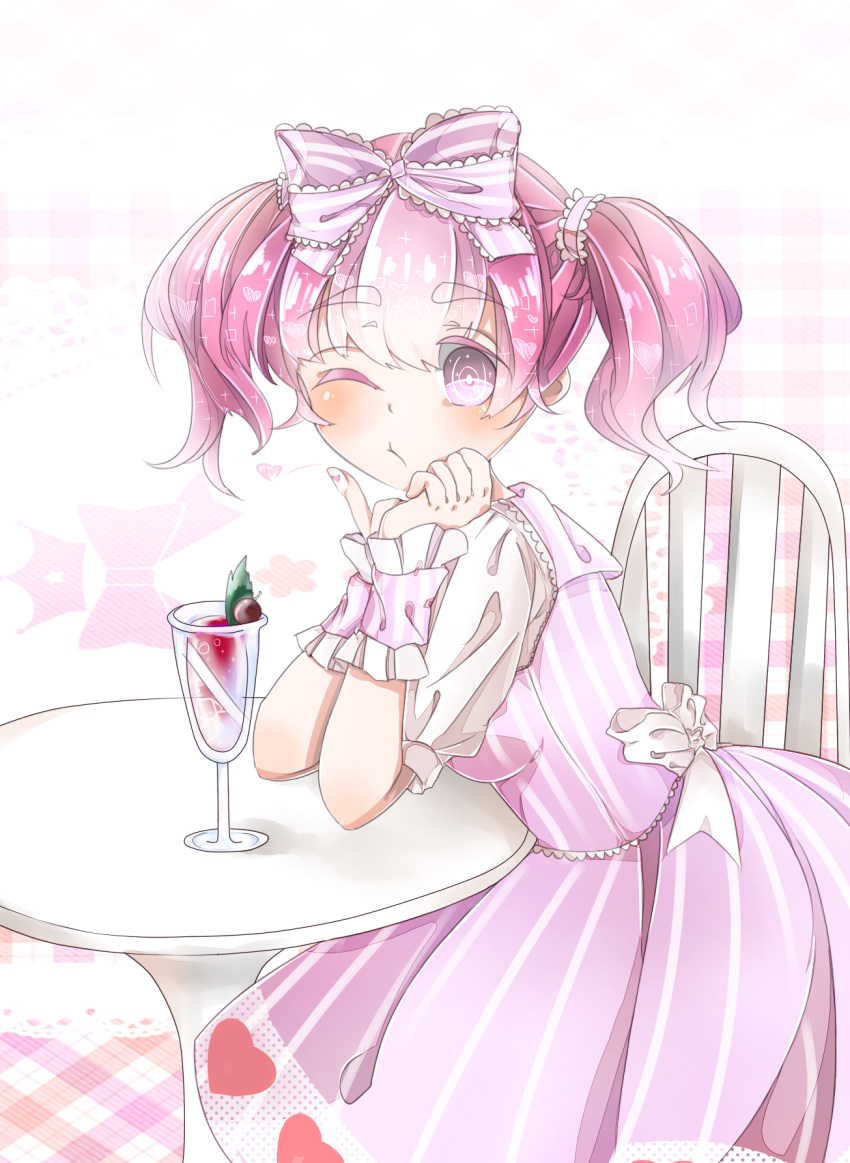 anthropomorphization, bent_knees, blush, bow, chair, cuffs, cuffs_design, dress