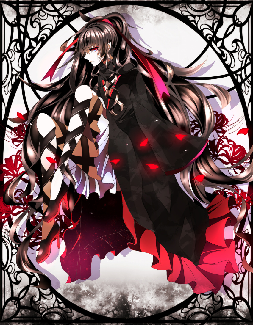 azami_(kagerou_project), black_coat, black_hair, black_outerwear, coat, female, flower, frame