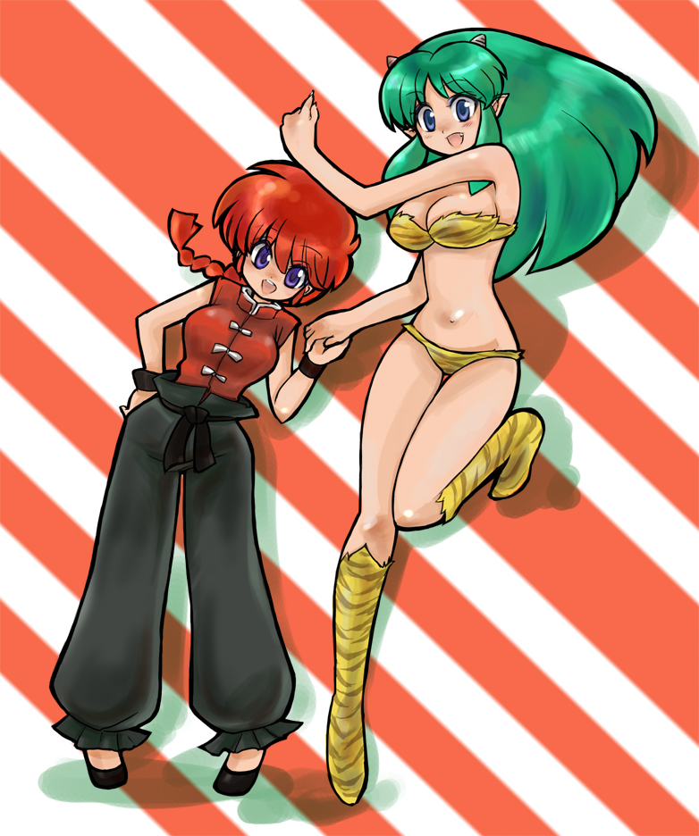 bikini, blue_eyes, braid, chinadress, chinese_clothes, crossover, fang, genderswap, green_hair, horns, lum, momo&amp;a, multiple_girls, pointy_ears, purple_eyes, ranma-chan, ranma_1/2, red_hair, redhead, saotome_ranma, swimsuit, tangzhuang, tiger_print, urusei_yatsura, violet_eyes, wakaba23