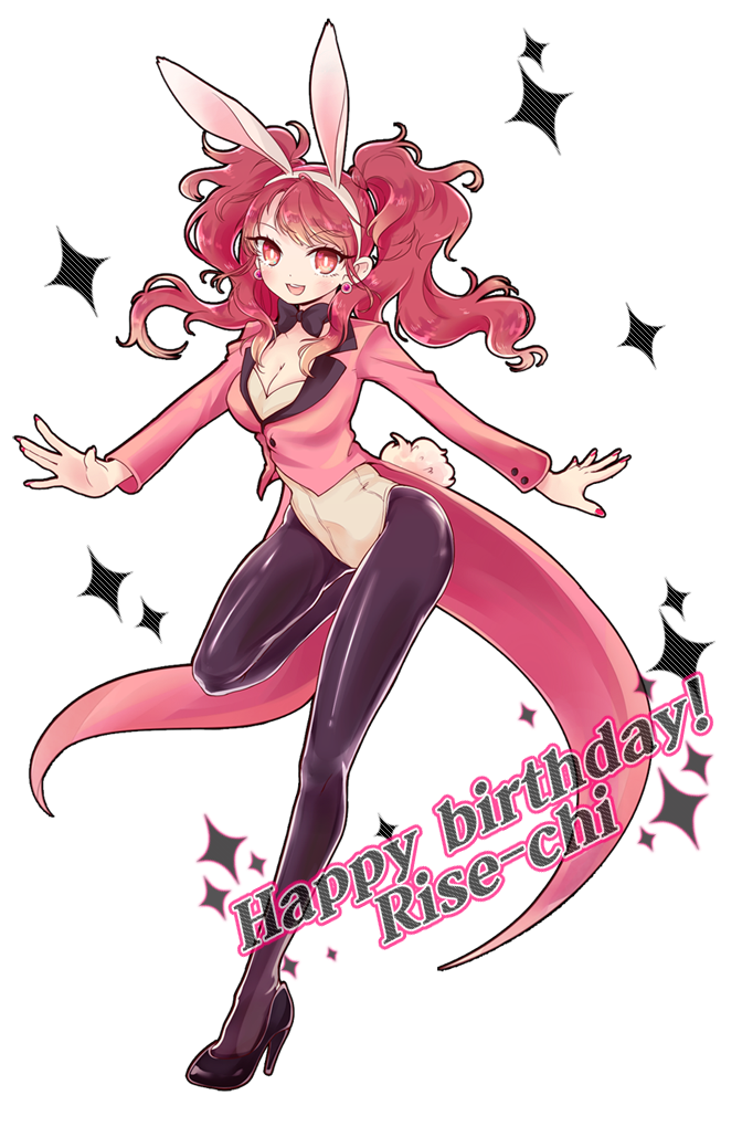1girl, animal_ears, black_legwear, blush, bowtie, breasts, bunny_tail, bunnysuit, ceren, cleavage, high_heels, jacket, kujikawa_rise, nail_polish, persona, persona_4, pink_eyes, pink_fingernails, pink_hair, rabbit_ears, tail, twintails