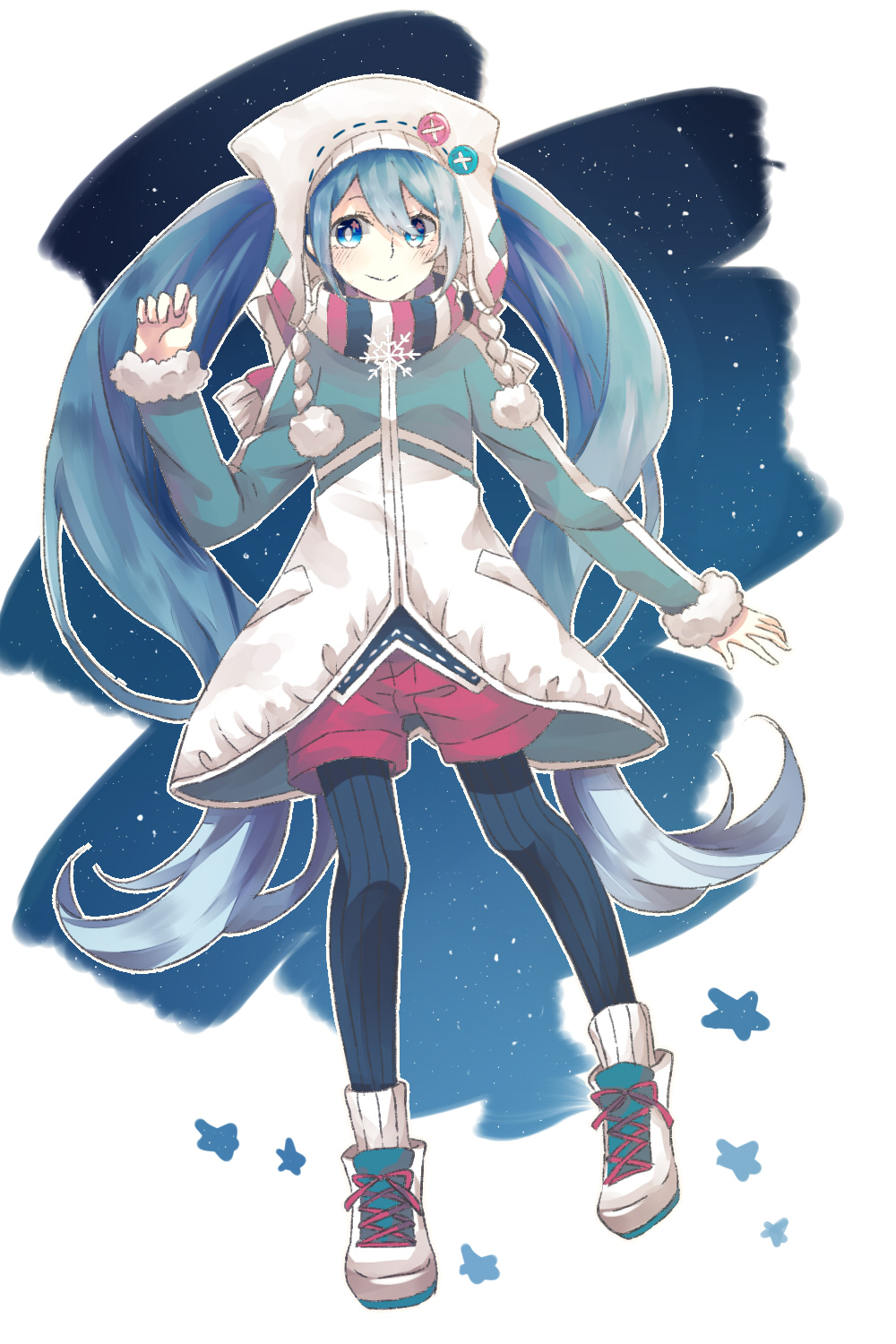 blue_eyes, blue_hair, closed_mouth, female, full_body, fur, fur_trim, hat