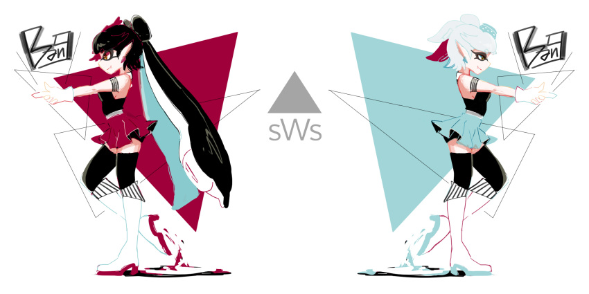 2:1_aspect_ratio, 2girls, alternative_costume, amber_eyes, black_hair, black_shirt, blue_skirt, callie_(splatoon), closed_mouth, duo, earrings, family, female, full_body, gloves, gun_gesture, hat, high_resolution, jewelry, leg_up, long_hair, marie_(splatoon), multiple_girls, piercing, pixiv_id_1531377, pointing, red_skirt, shirt, short_hair, siblings, side_view, sisters, skirt, smile, splatoon, splatoon_(series), standing, standing_on_one_leg, thigh-highs, twintails, white_gloves, white_hair, white_handwear, zettai_ryouiki