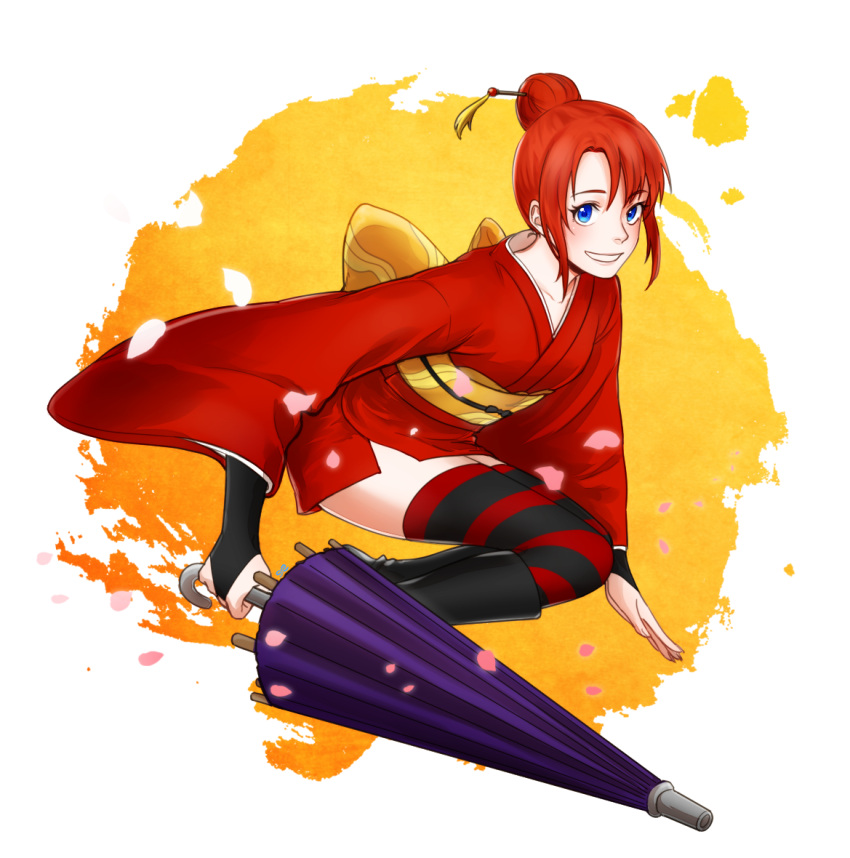 alternative_costume, blue_eyes, double_bun, female, gintama, kagura_(gintama), kimono, multicolored_legwear
