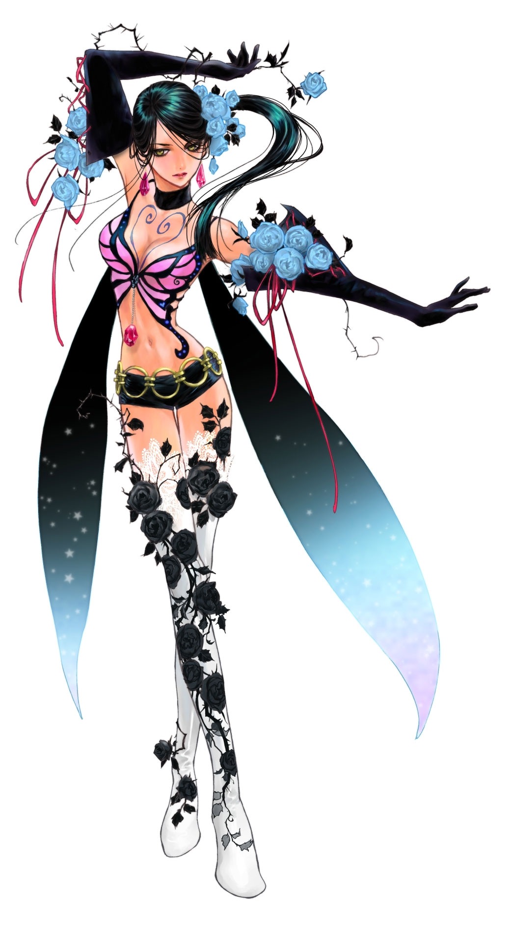 blue_rose, bonus_costume, butterfly, flower, highres, inomata_mutsumi, midriff, namco