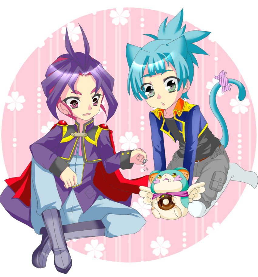 2boys, ahoge, animal_ears, belt, black_shirt, blue_hair, cape, cat_ears