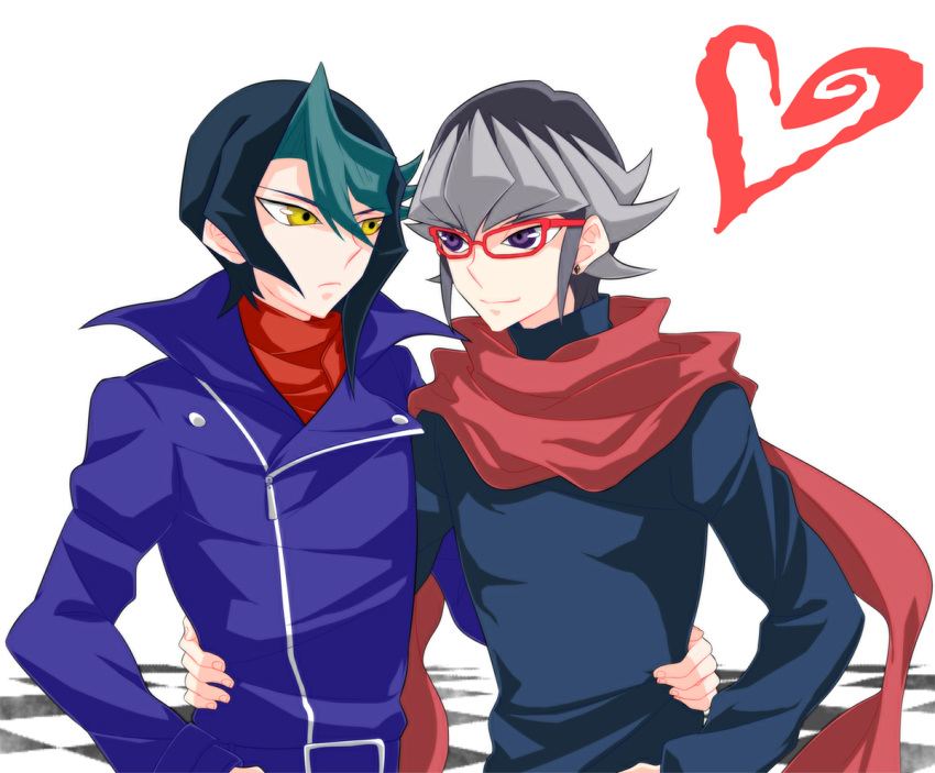 2boys, akaba_reiji, amber_eyes, arm_around_waist, black_shirt, checkered, checkered_floor, coat