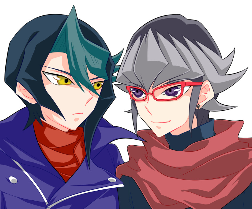 2boys, akaba_reiji, amber_eyes, coat, duo, earrings, frown, grey_hair