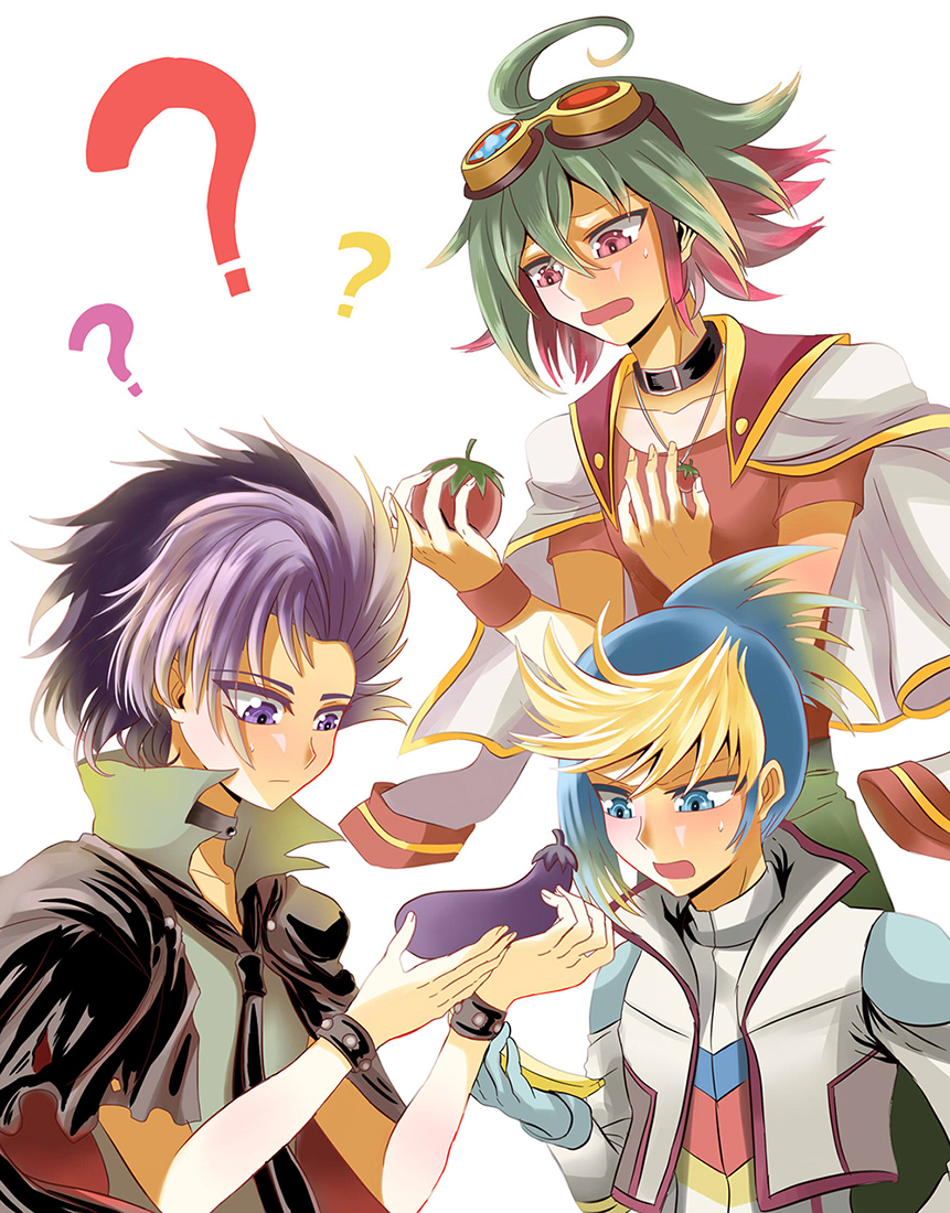 3boys, ?, ahoge, aqua_eyes, banana, blue_hair, choker, eggplant, food, fruit, jacket_on_shoulders, jewelry, light_background, long_hair, male, multicolored_hair, multiple_boys, necklace, necktie, open_clothes, open_mouth, pixiv_id_9112328, purple_hair, red_eyes, red_shirt, sakaki_yuuya, shirt, simple_background, spiky_hair, sweatdrop, tomato, trio, two-tone_hair, white_background, yu-gi-oh!, yu-gi-oh!_arc-v, yuto_(yu-gi-oh!_arc-v), yuugo_(yu-gi-oh!_arc-v)