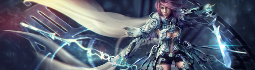 armor, belt, belt_buckle, black_shorts, blurry_background, breasts, buckle, cape