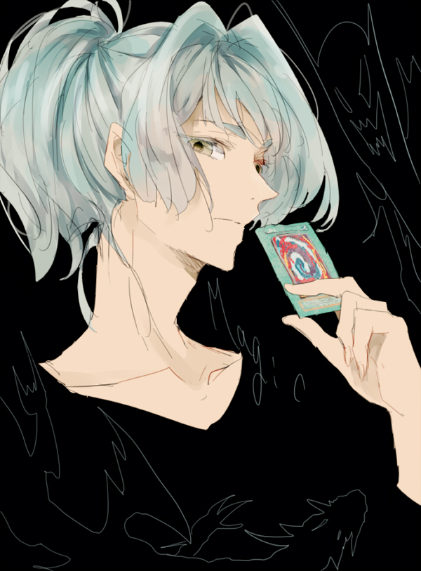 black_background, blue_hair, card, card_(object), closed_mouth, dark_background, green_eyes, holding