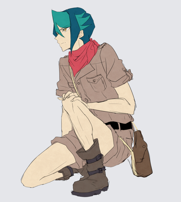 amber_eyes, bag, belt, boots, closed_mouth, green_hair, grey_background, kurosaki_shun