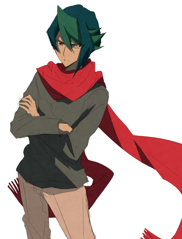 akaba_reiji_(cosplay), amber_eyes, closed_mouth, crossed_arms, green_hair, kurosaki_shun, light_background, male