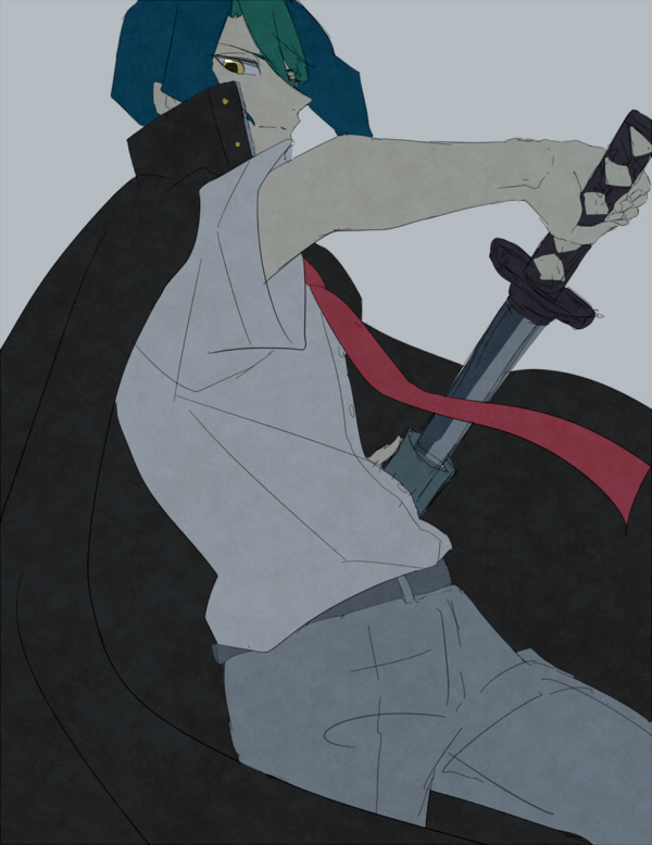 amber_eyes, belt, closed_mouth, green_hair, grey_background, jacket_on_shoulders, katana, kurosaki_shun