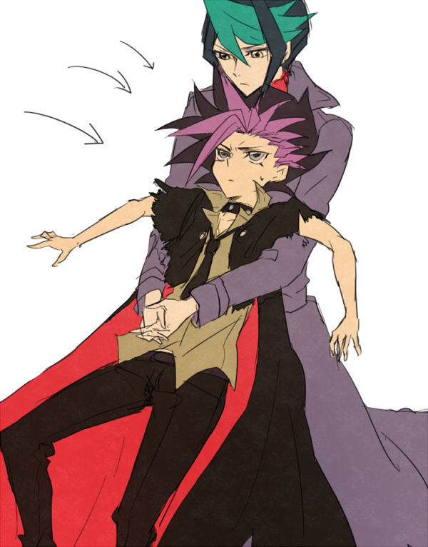2boys, belt, black_hair, closed_mouth, coat, duo, green_hair, kurosaki_shun