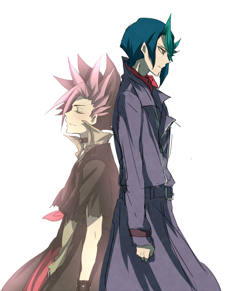 2boys, belt, closed_eyes, closed_mouth, coat, duo, kurosaki_shun, light_background
