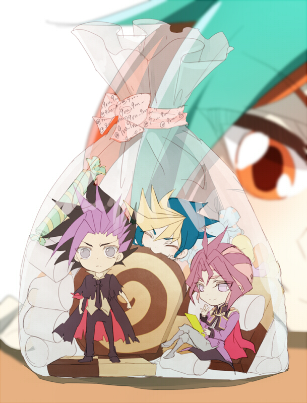 4boys, ahoge, akaba_reiji, bent_knees, blonde, blue_hair, chibi, closed_eyes, closed_mouth, eating, food, grey_hair, male, multicolored_hair, multiple_boys, necktie, pants, pink_hair, pixiv_id_9188390, purple_hair, quartet, red_eyes, sakaki_yuuya, shirt, short_hair, sitting, smile, standing, tiny_person, two-tone_hair, yu-gi-oh!, yu-gi-oh!_arc-v, yuri_(yu-gi-oh!_arc-v), yuugo_(yu-gi-oh!_arc-v)