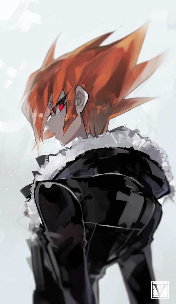 closed_mouth, grey_background, jacket, male, orange_hair, pixiv_id_5376622, red_eyes, shingetsu_rei