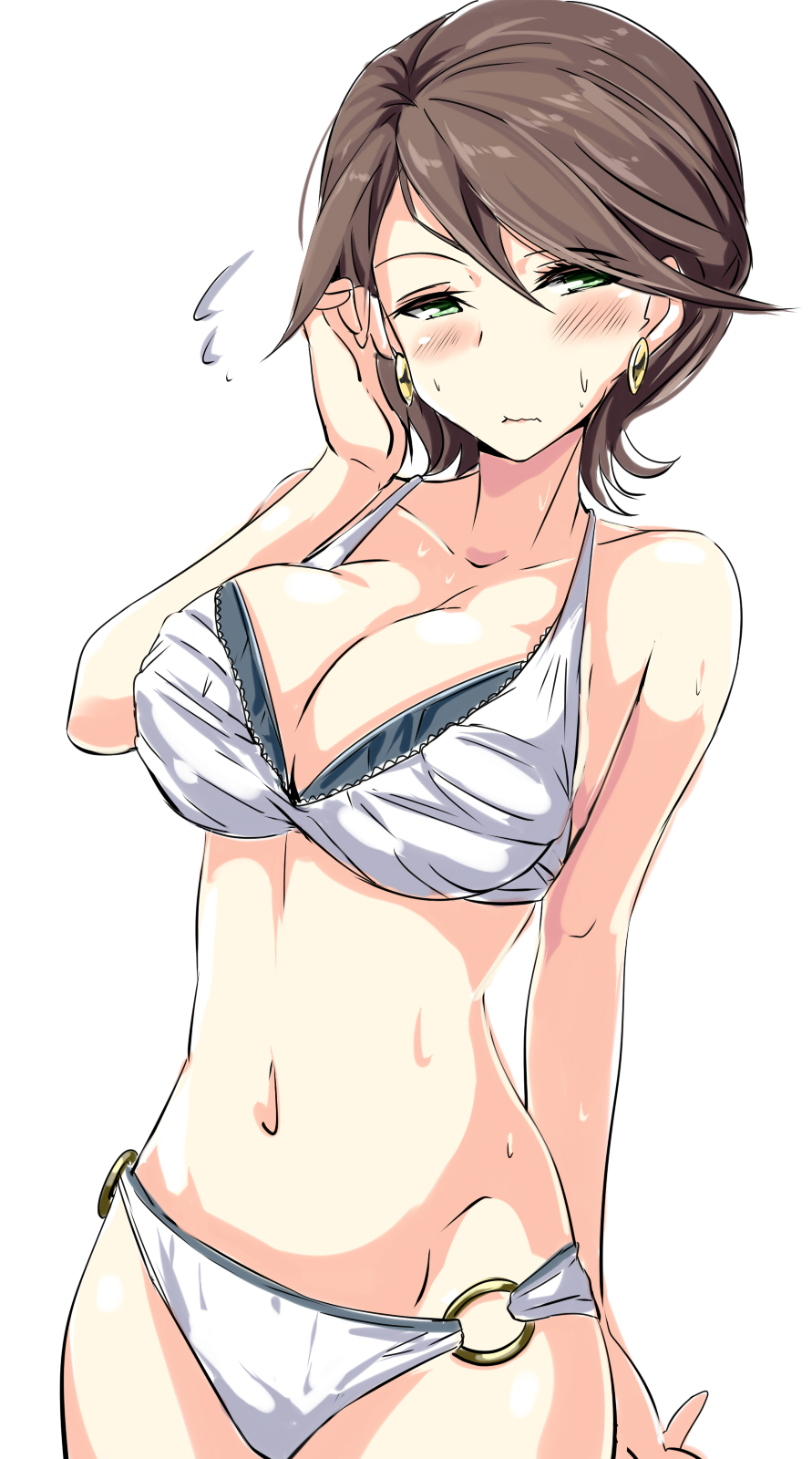 1girl, adjusting_hair, arm_behind_back, bare_shoulders, bikini, blush, cowboy_shot, earrings