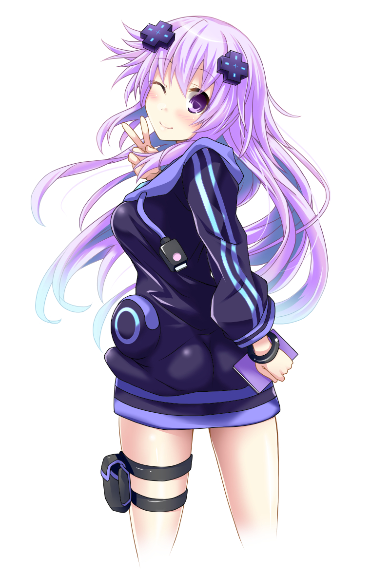 1girl, adult_neptune, blush, choujigen_game_neptune, d-pad, hair_ornament, hooded_track_jacket, long_hair, looking_at_viewer, neptune_(series), one_eye_closed, purple_hair, shin_jigen_game_neptune_vii, shinjitsu_(true_ride), solo, violet_eyes