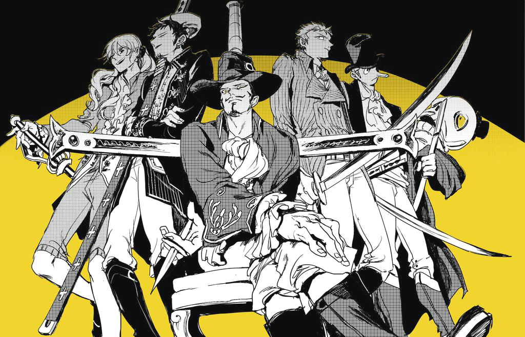 big_nose, black_hair, blonde, cavendish, dracule_mihawk, facial_hair, goatee, green_hair, kaku_(one_piece), long_hair, male, monochrome, one_piece, pixiv_id_3882367, roronoa_zoro, short_hair, trafalgar_law